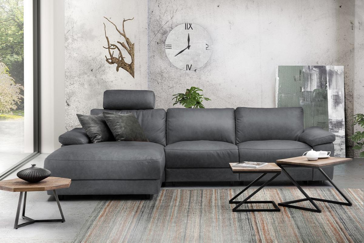 ECKSOFA XL MOTORISCHER RELAXFUNKTION LOLA Grau Leder Relaxfunktion - Schwarz/Grau, Leder (304/178cm) - KAWOLA