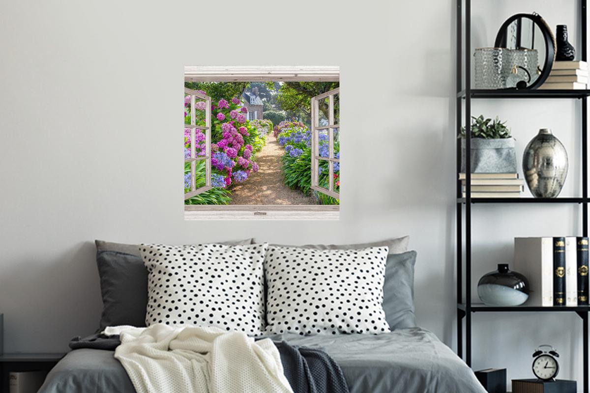 WANDTATTOO Hortensie - Durchsichtig - Blumen - Sommer - Lila - Weg Wanddeko 50x50 cm - Lila, Kunststoff (50/50/0.1cm) - MuchoWow