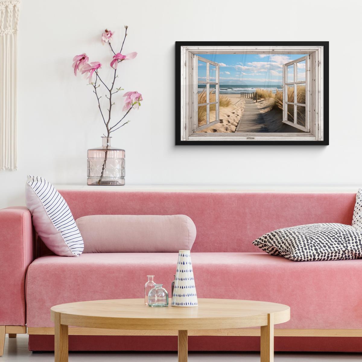 POSTER MIT RAHMENGERAHMTES BILD Fenster - Meer - Küste - Natur - Ausblick - Strand - Wattenmeer 60x40 cm - Beige, Papier (60/40cm) - MuchoWow