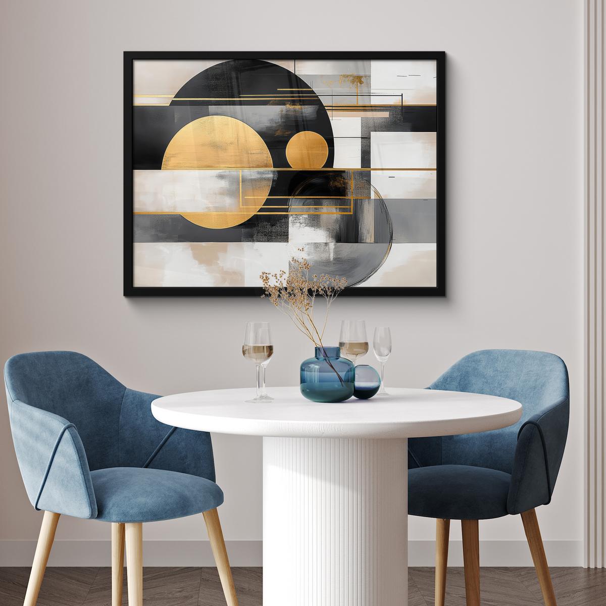 POSTER MIT RAHMENGERAHMTES BILD Abstrakt - Gold - Silber - Formen - Ästhetisch - Modern 80x60 cm - Goldfarben, Papier (80/60cm) - MuchoWow