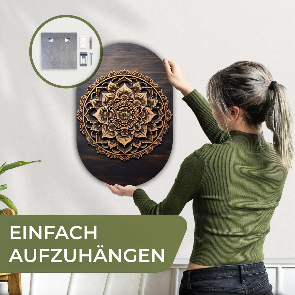WANDBILD Mandala - Holz - Blumen - Braun Deko Wohnzimmer 40x60 cm - Gelb, Kunststoff (40/60cm) - MuchoWow