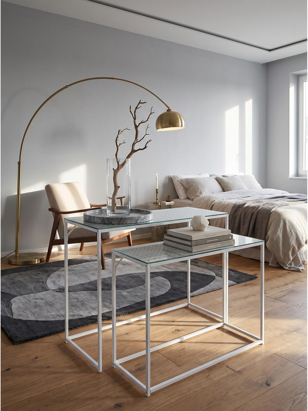 KONSOLENTISCHE 2er-Set ALCUDIA, Einscheibensicherheitsglas, Weiß, 100 x 40 x 77 cm - Weiß, Glas/Metall (40/100/77cm) - KADIMA DESIGN