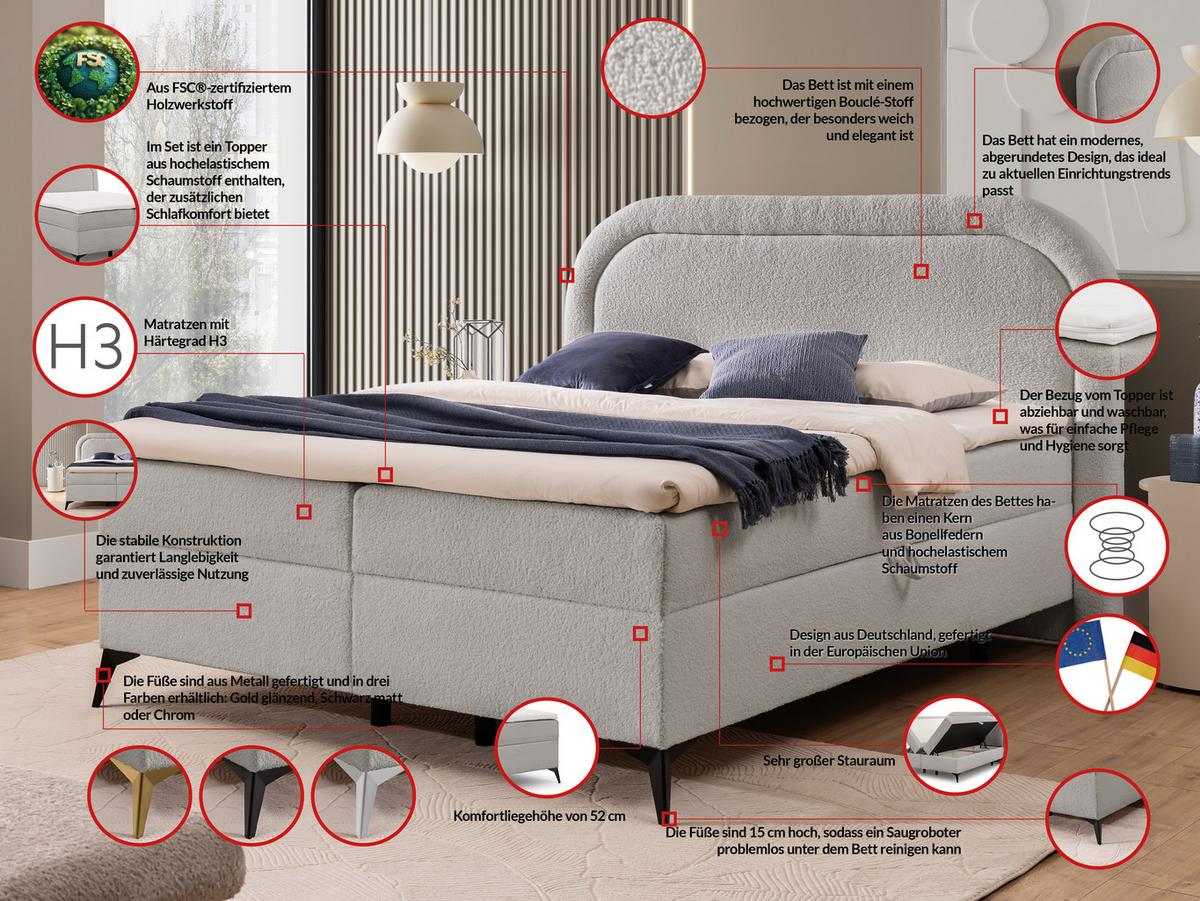BOXBETT Sonna 140/200 cm Hellgrau Bouclé-Stoff mit abgerundetem Kopfteil und mit schwarzen Metallfüße - Hellgrau/Schwarz, Holz/Textil (140/200cm) - S-Style Möbel