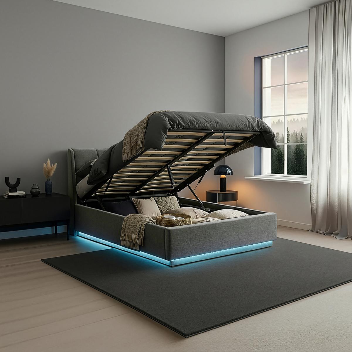 LED POLSTERBETT Tröstiar mit Matratze - Anthrazit, Holzwerkstoff/Kunststoff (160/200cm) - [en.casa]