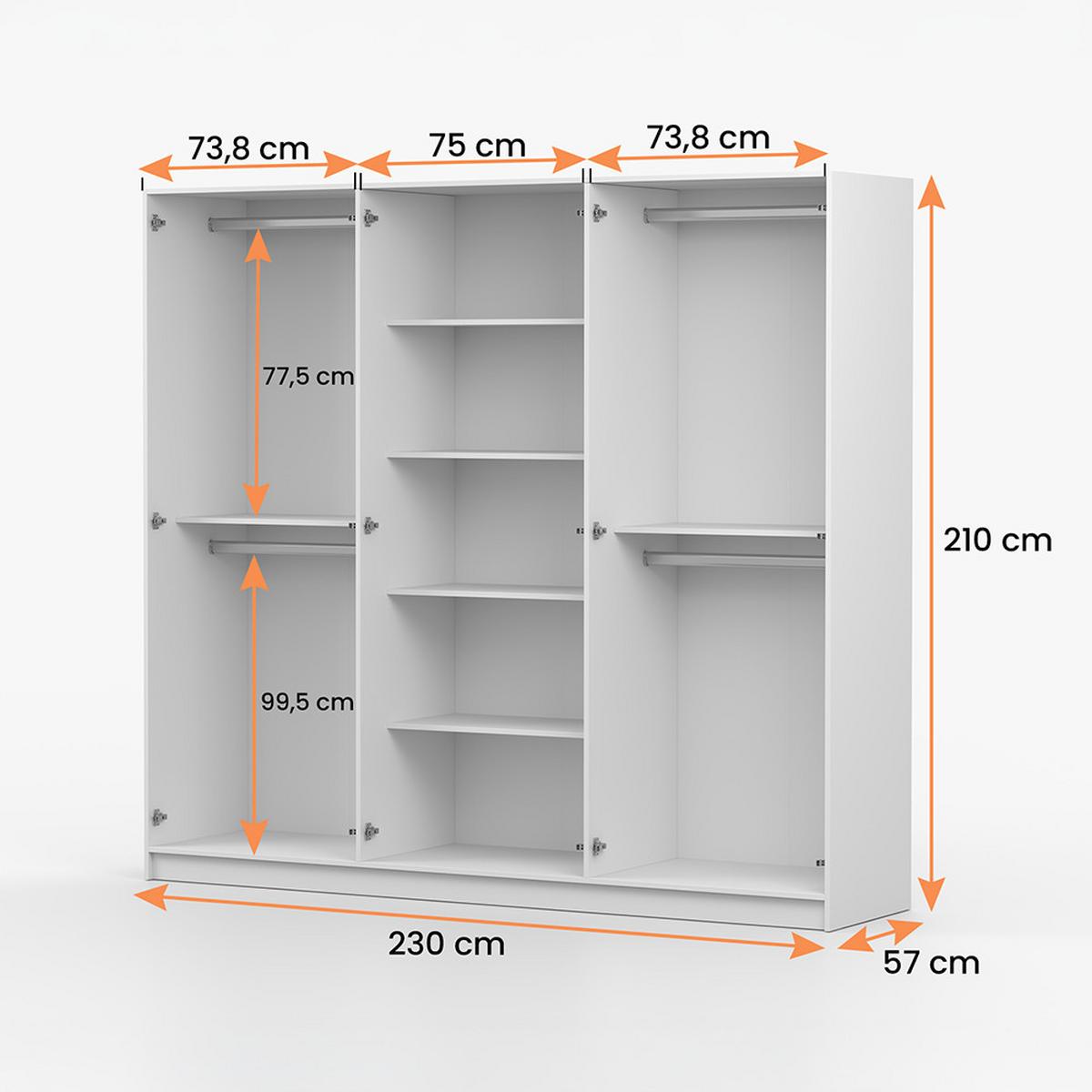 DREHTÜRENSCHRANK SEVILLA 6D 230 cm Weiß/Weiß, 6-türig, Holzgriffe - Eukalyptusholzfarben/Weiß, Holz/Holzwerkstoff (230/210/57cm) - imoebel24