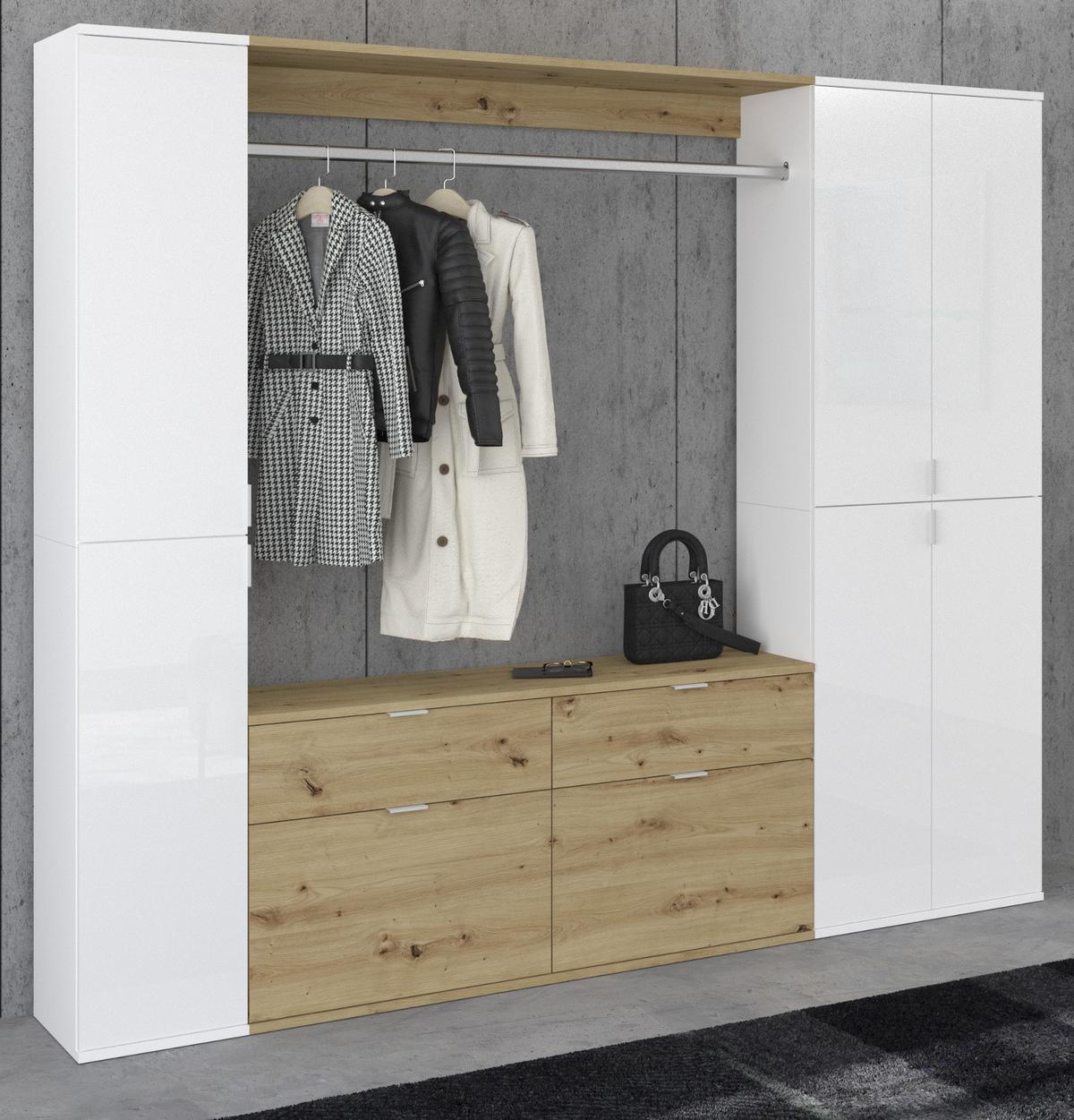 GARDEROBEN-SET weiß Hochglanz, Eiche 212 cm, Komplettset mit viel Stauraum - Chromfarben/Weiß Hochglanz, Holzwerkstoff/Kunststoff (212/193/34cm) - Inn.Furn