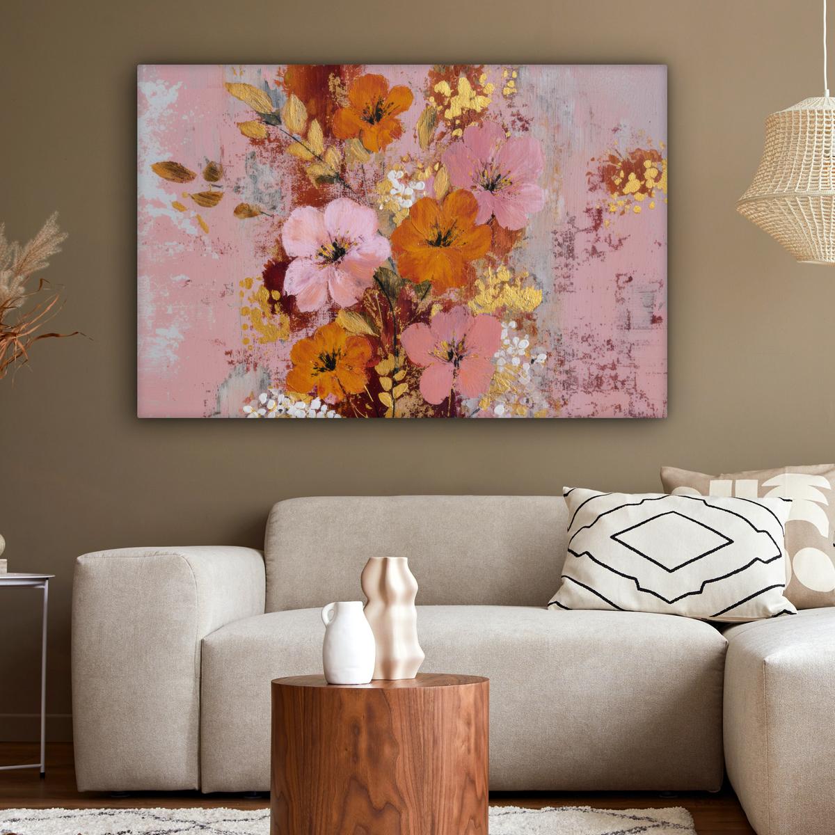 LEINWANDBILD Malerei - Blumen - Rustikal - Rosa Wohnzimmer Groß 120x80 cm - Altrosa, Textil (120/80cm) - MuchoWow