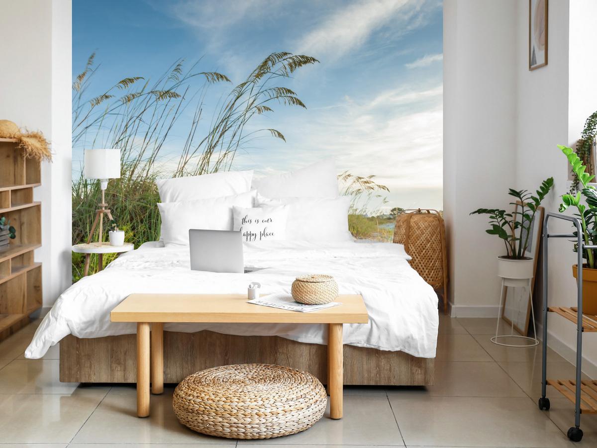 FOTOTAPETE für Schlafzimmer Dünen Pflanzen Strand Gras 250x175 - Blau/Beige, Papier (250/175cm) - Muralo