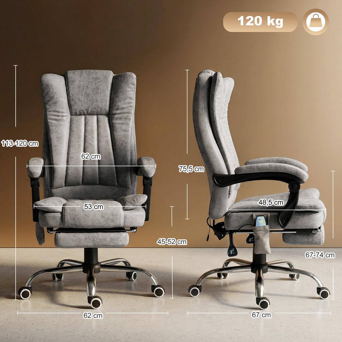BÜROSTUHL Massagesessel Heizfunktion Liegefunktion Fußstütze Grau - Grau, Textil (67/113/62cm) - Vinsetto