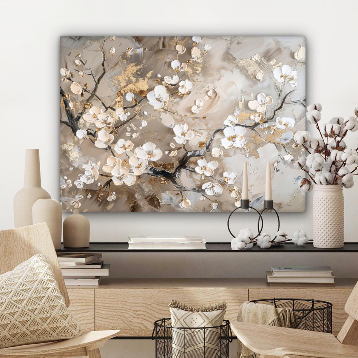 LEINWANDBILD Blumen - Weiß - Gold - Beige - Luxus Wandbilder 80x60 cm - Greige, Textil (80/60cm) - MuchoWow