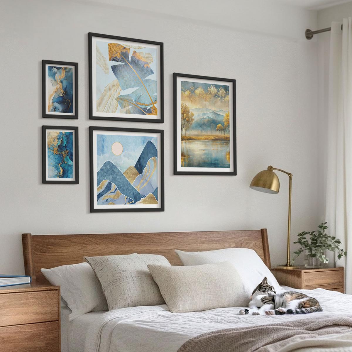 BILDER SET 5er Set - 50x50 cm & 20x30 cm & 40x60 cm Schwarzer Rahmen - Goldmuster in den blauen Bergen - Schwarz, Kunststoff (40/60cm) - TULUP