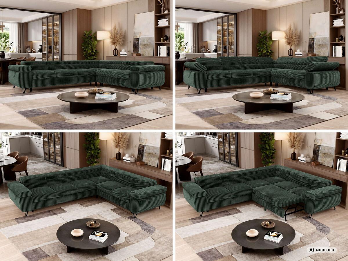 ECKSOFA NORDEN L - Dunkelgrün Cord - Links Seite - Dunkelgrün/Schwarz, Textil/Metall (269/329cm) - MKS