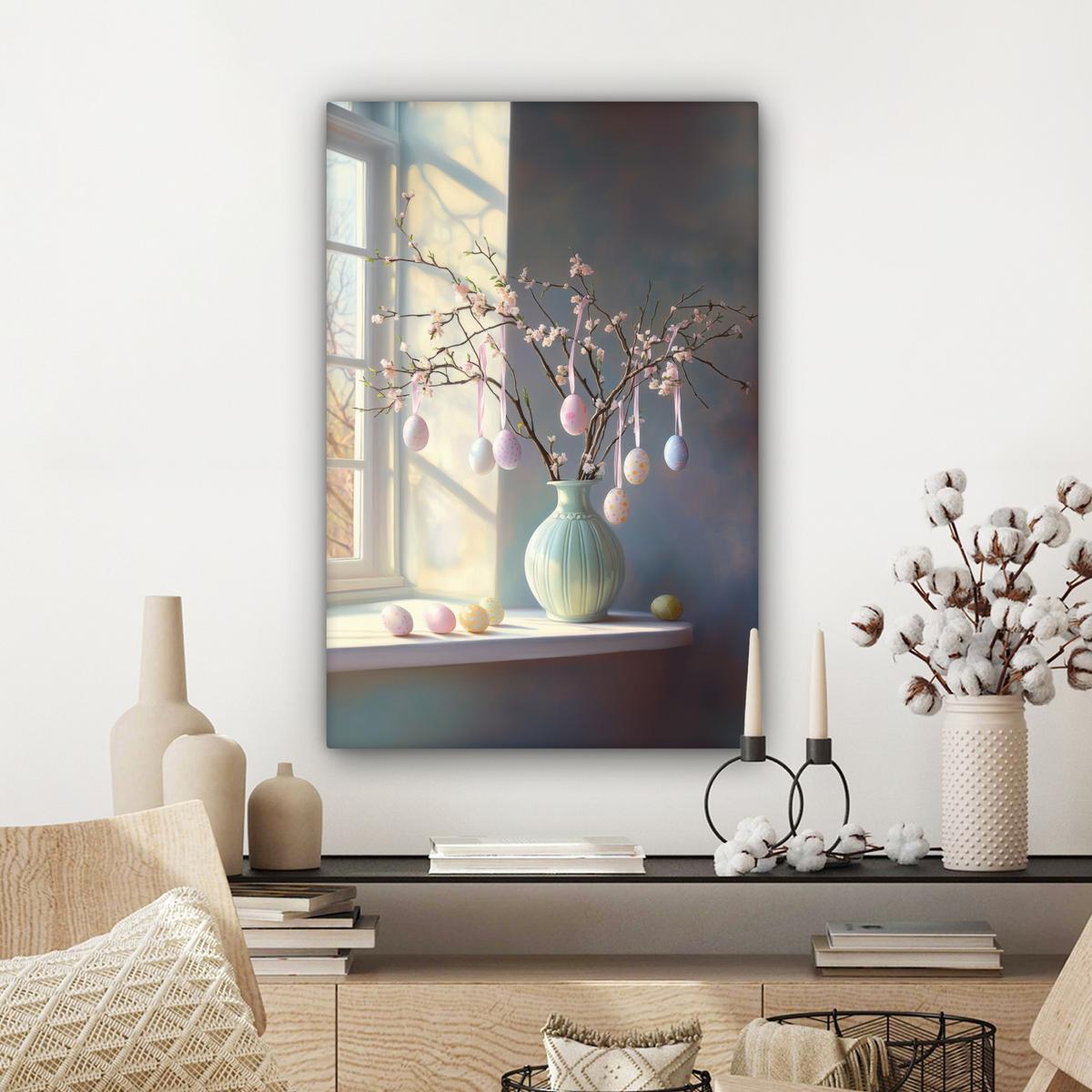 LEINWANDBILD Stillleben - Vase - Osterzweig Wanddeko 40x60 cm - Hellblau, Textil (40/60cm) - MuchoWow