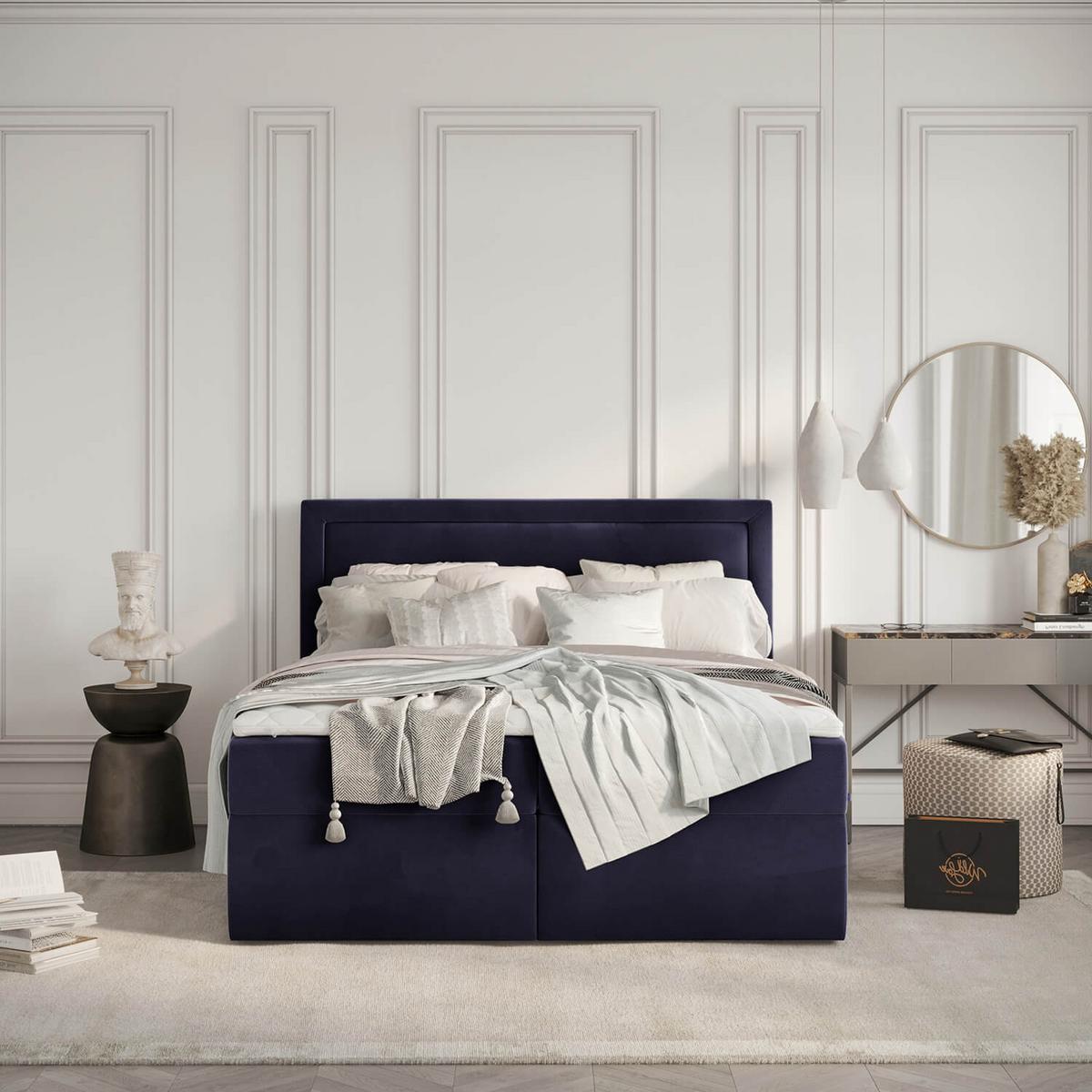 BOXBETT Jodan 180/200 cm Marineblau im Magic Velvet Stoff - Schwarz/Dunkelblau, Holz/Holzwerkstoff (180/200cm) - AltaBeds