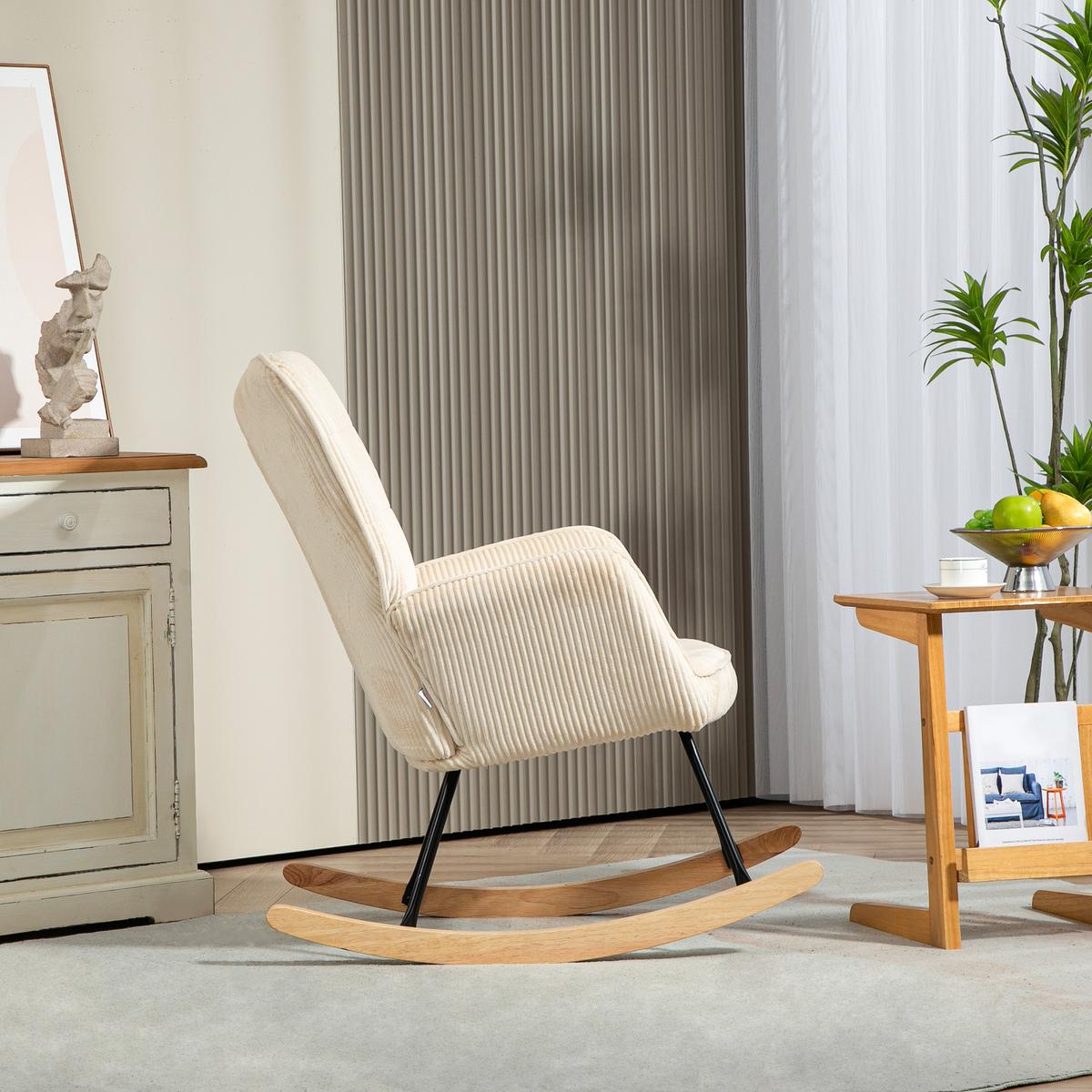 SCHAUKELSTUHL, Schaukelsessel mit Kordoptik, Armlehne für Wohnzimmer, Beige - Beige/Naturfarben, Buchenholz/Textil (98/101/71cm) - HOMCOM