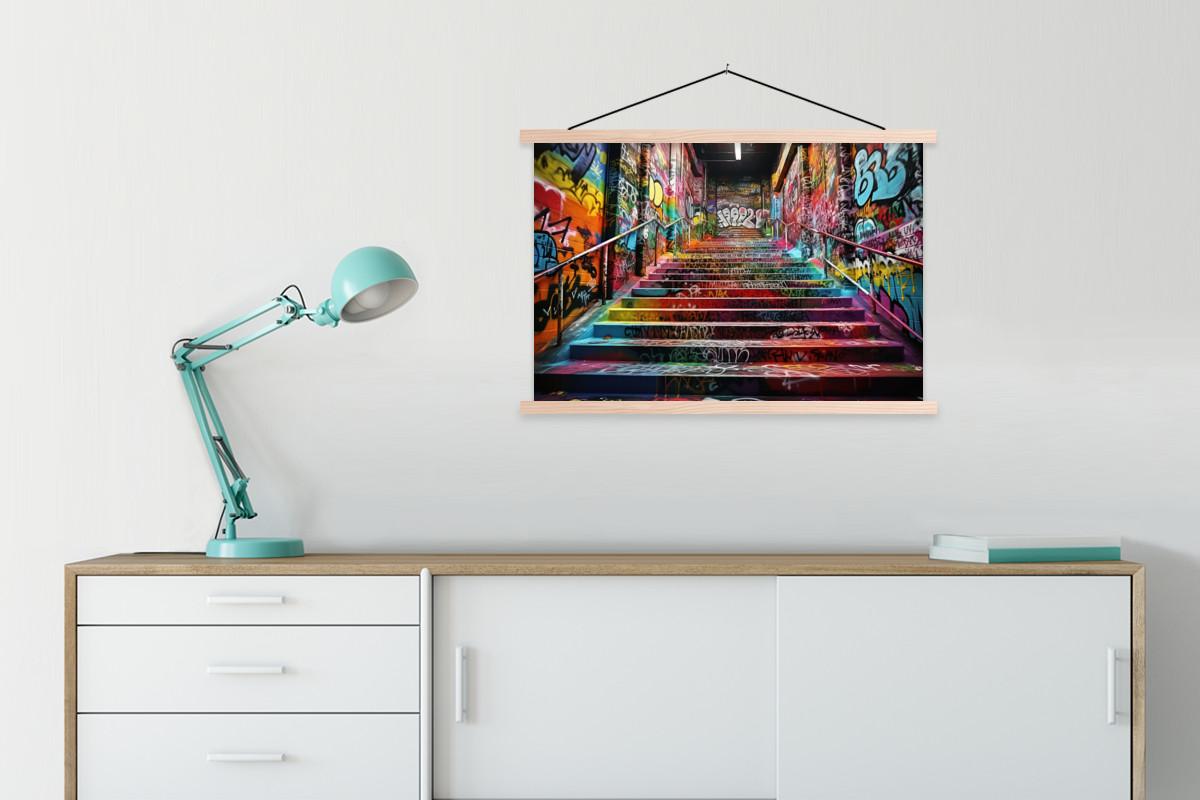 POSTER MIT MAGNETLEISTEN Treppe - Graffiti - Farben - Kunst Wanddeko 90x60 cm - Multicolor, Textil (90/60/0.15cm) - MuchoWow