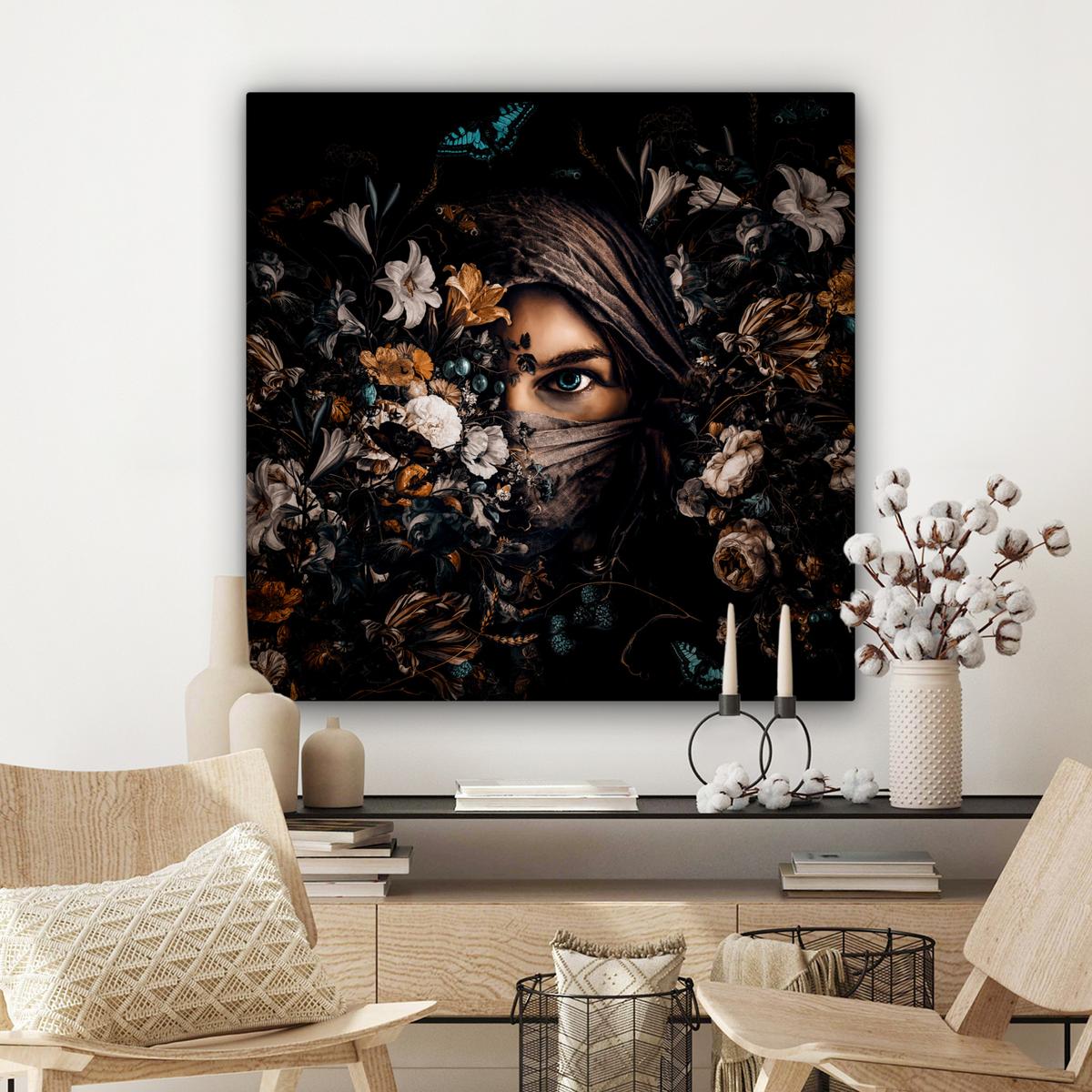 LEINWANDBILD Frau - Luxus - Blumen - Schmetterling - Porträt Deko Groß 90x90 cm - Schwarz, Textil (90/90cm) - MuchoWow