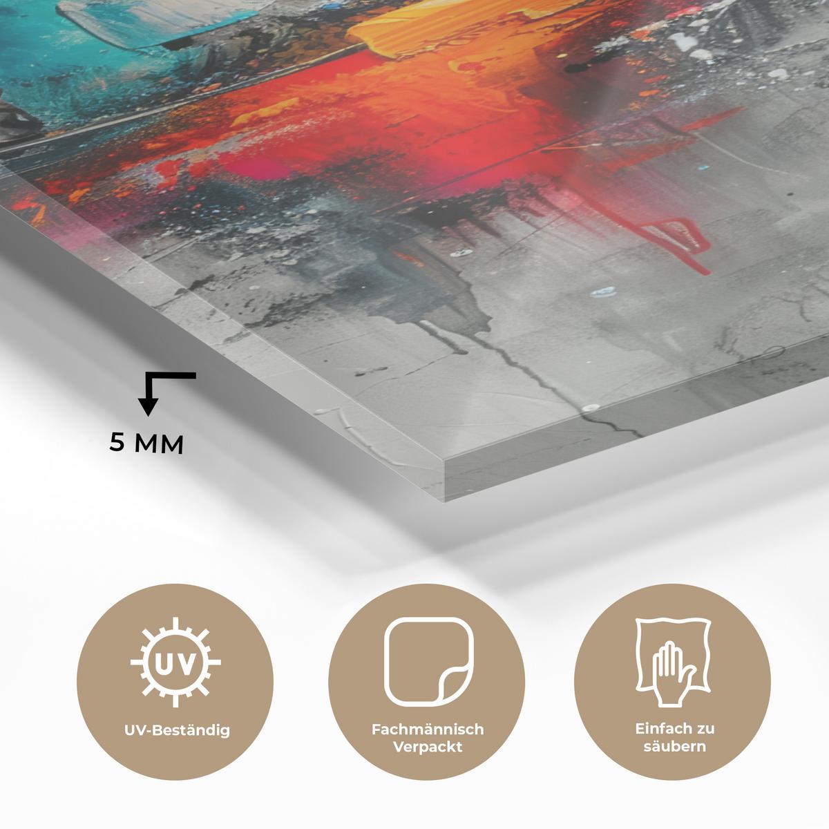 ACRYLGLASBILD Moderne Kunst - Orange - Grau - Abstrakt 80x120 cm - Hellgrau, Glas (80/120cm) - MuchoWow