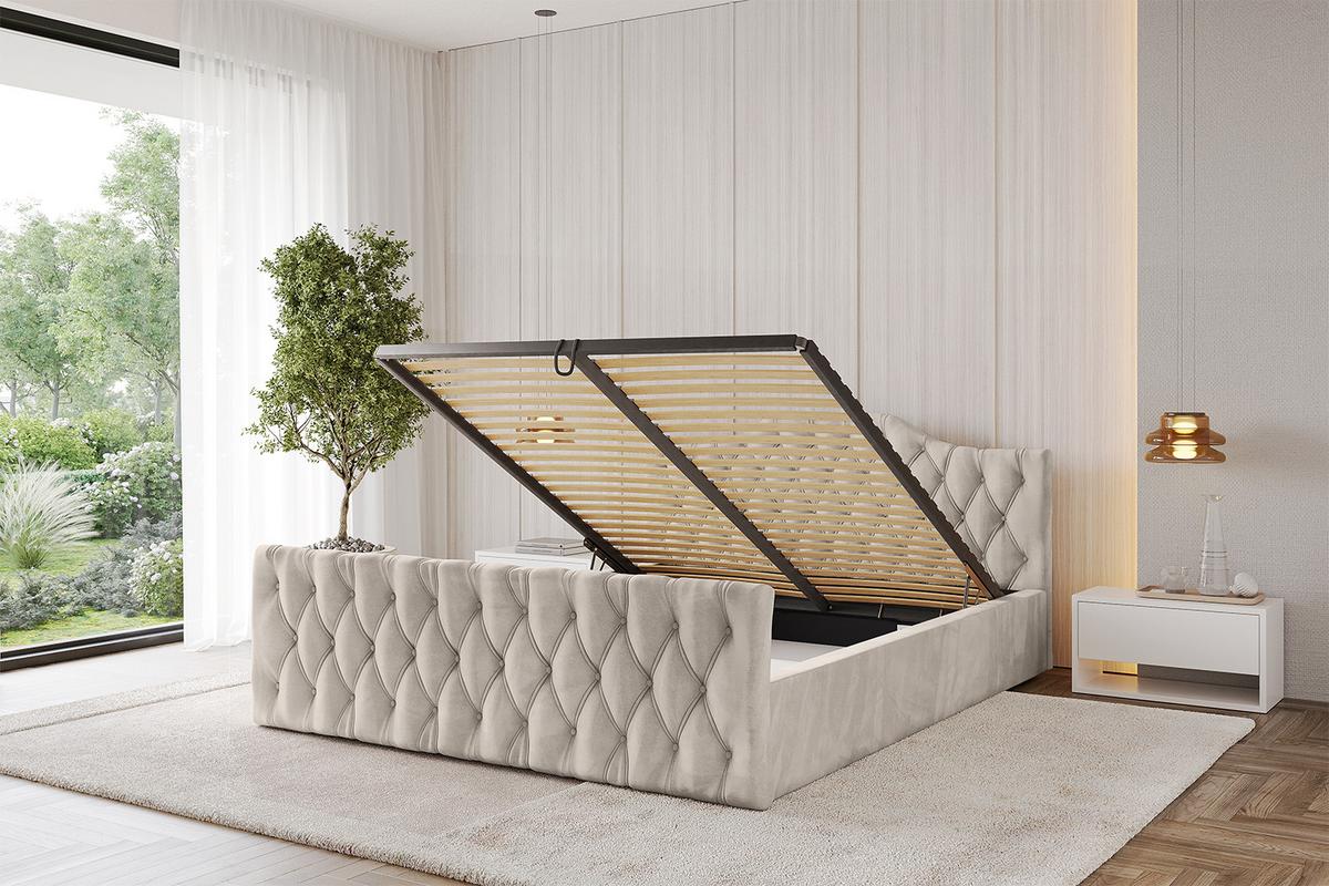 POLSTERBETT mit Bettkasten, Fußteil und Lattenrost, Boxbett mit Matratze H3/H4 - FALIO-Z-V1 120x200 Beige - Beige, Holzwerkstoff/Textil (120/200cm) - ALTDECOR