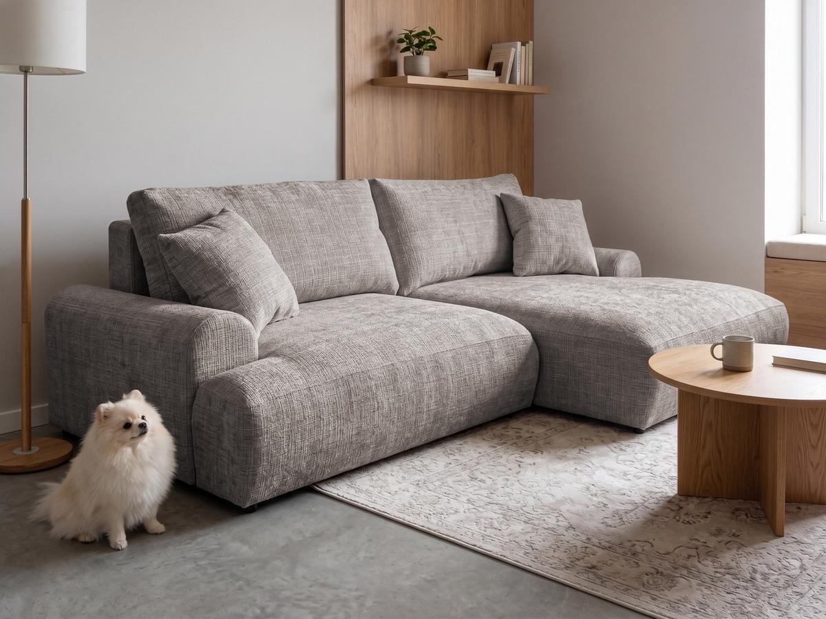 ECKSOFA Melvano mit Schlaffunktion und Bettkasten im Japandi-Stil aus weichem Taupe Chenille-Stoff - Taupe/Schwarz, Holz/Kunststoff (240/145cm) - S-Style