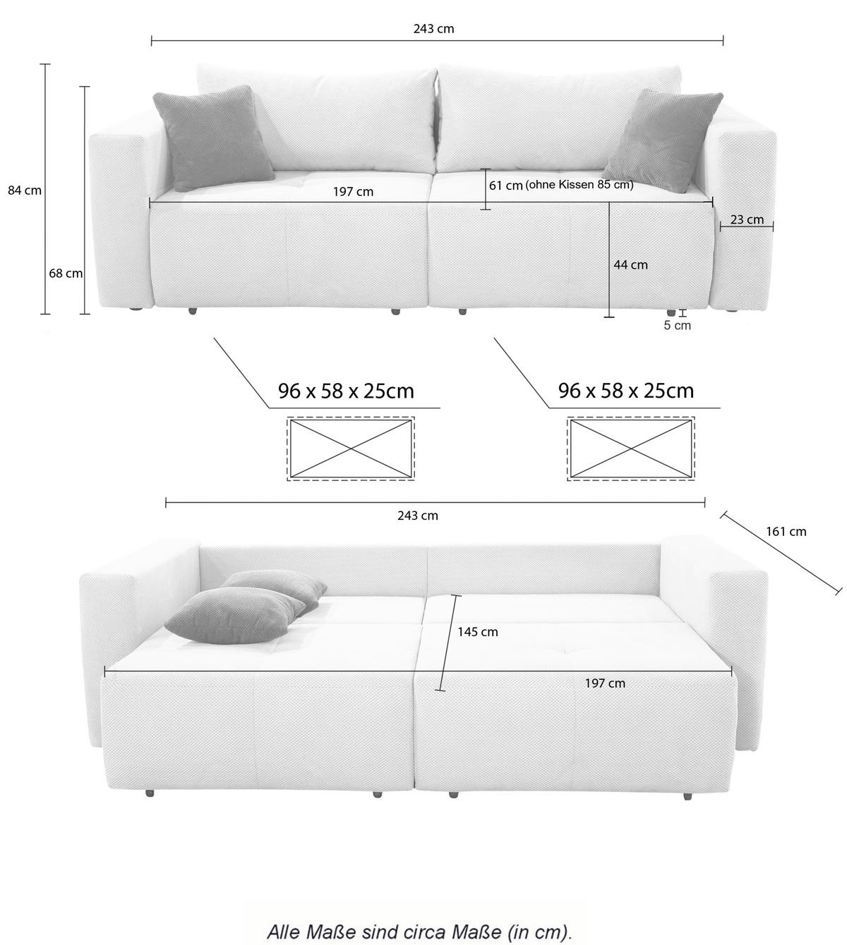 SCHLAFSOFA Verwandlung: Big-Sofa/Eckcouch, 2 Bettkästen, B243/T115-161/H84 cm, Liegefläche 145x197 cm, Waffelcord Grau / 15241 - Schwarz/Grau, Kunststoff/Textil (243/84/115cm) - luma-home
