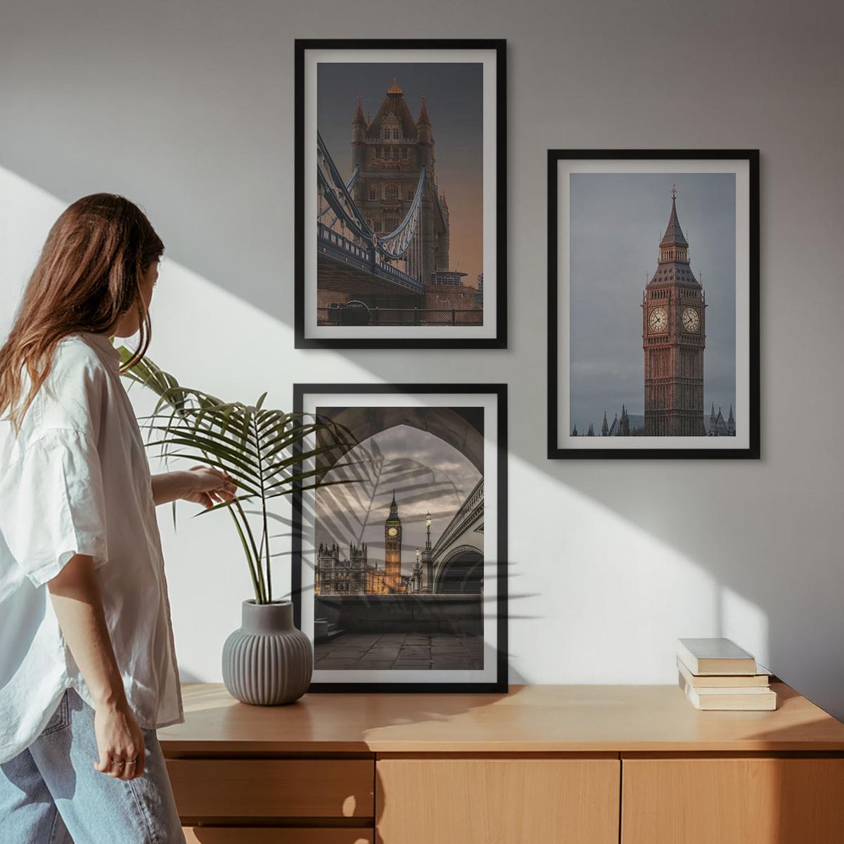 BILDER SET 3er Set - 40x60 cm Schwarzer Rahmen - London Bridge Big Ben Uhr - Schwarz, Kunststoff (40/60cm) - TULUP