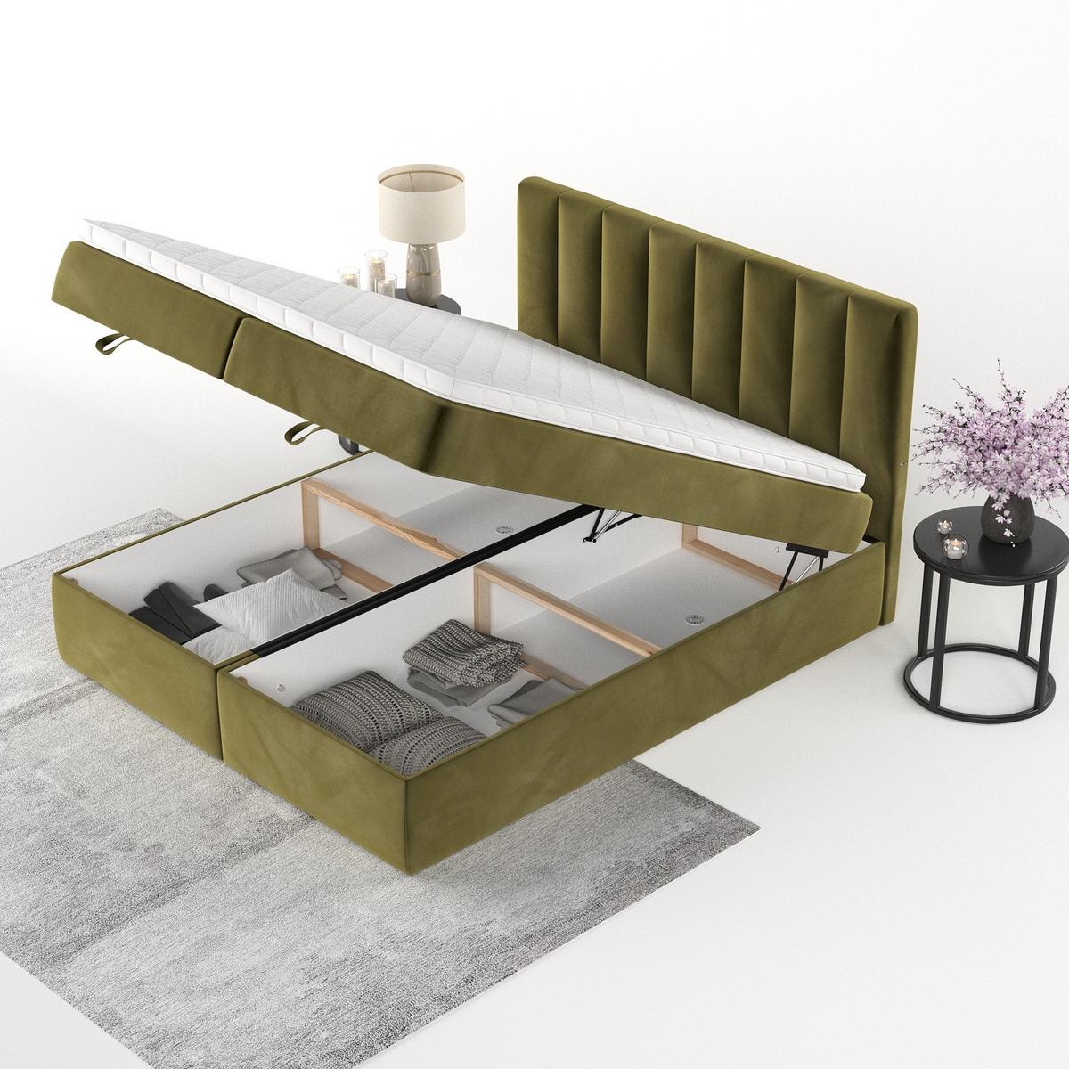 BOXBETT Lusso 160/200 cm Olivgrün im Kronos Stoff - Schwarz/Olivgrün, Holz/Holzwerkstoff (160/200cm) - AltaBeds