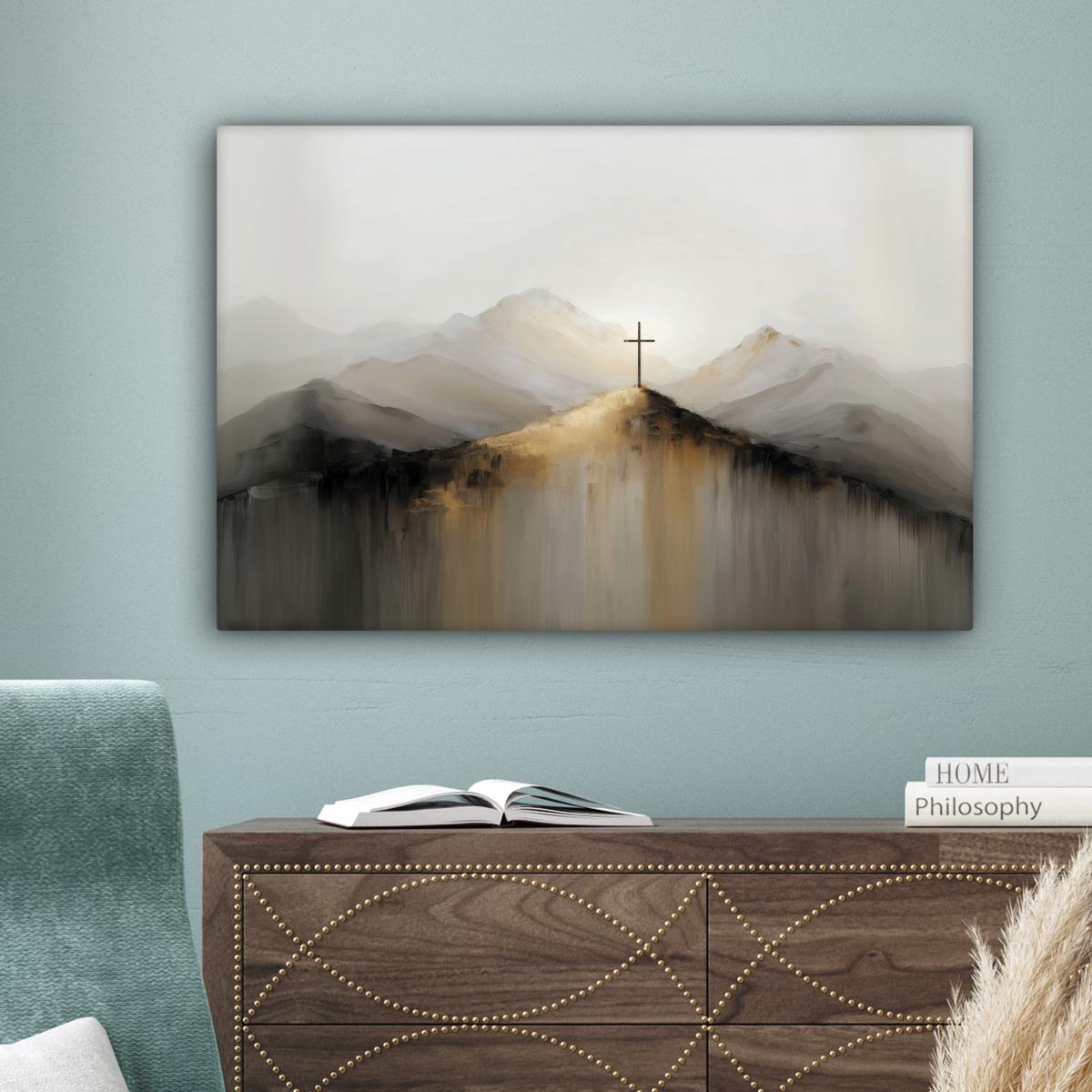 LEINWANDBILD Hügel - Abstrakt - Kreuz - Christentum Wanddeko 90x60 cm - Beige, Textil (90/60cm) - MuchoWow