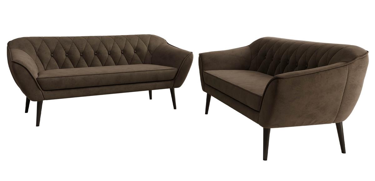 SITZGARNITUR PIRS 3+3 - Braun Velvet - Schwarze Beine - Dunkelbraun/Schwarz, Holzwerkstoff/Textil (180/75/74cm) - MKS