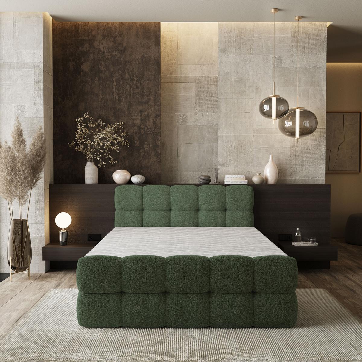 BOXBETT BRUME 180x200 cm mit Matratze und Topper, H2+H3 - Grün - Grün, Holz (180/200cm) - MASSENO