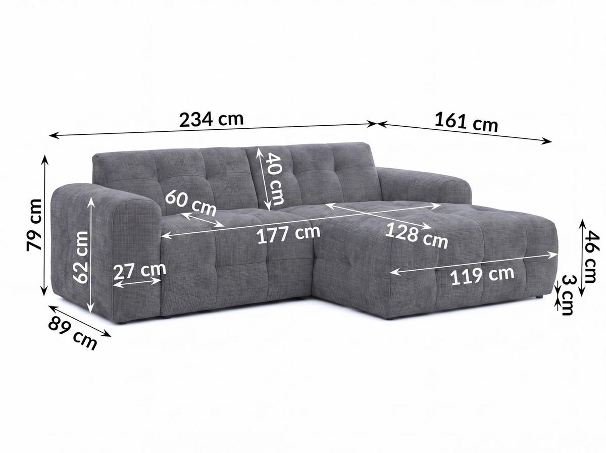 ECKSOFA mit Ottomane rechts, raffinierten Steppungen, Wellenunterfederung, B234/T161/H79 cm, Chenille-Bezug in Grau / 21045 - Schwarz/Grau, Kunststoff/Textil (234/79/161cm) - luma-home