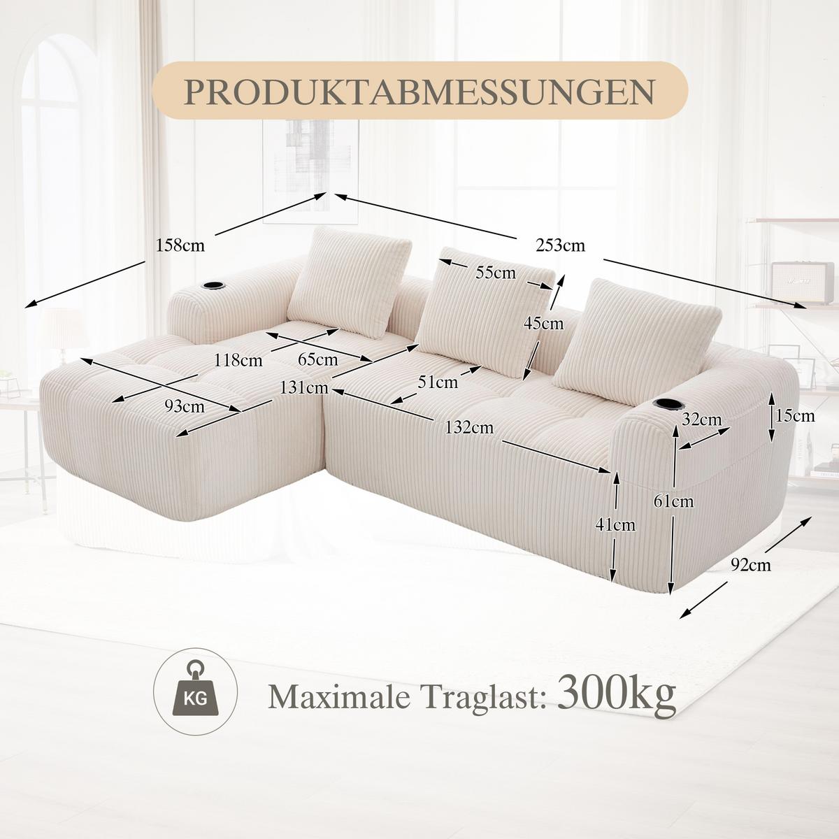 ECKSOFA 3-Sitzer mit Getränkehalter, Seitentaschen & 3 Kissen - Beige, Textil (253/158cm) - Urban Meuble