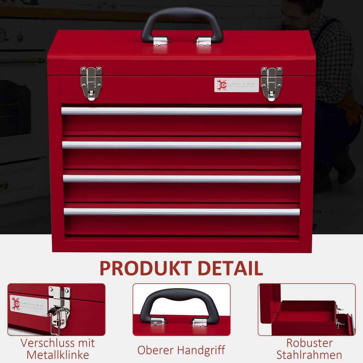 WERKZEUGKOFFER leer, 51 x 22 x 39,5 cm Werkzeugkasten mit 4 Schubladen Rot - Rot, Metall (22/39.5/51cm) - DURHAND