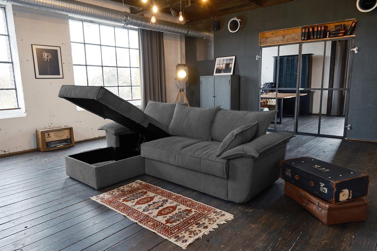 ECKSOFA DAMETO Grau Cord Mit Schlaffunktion - Schwarz/Grau, Kunststoff/Textil (266/174cm) - KAWOLA