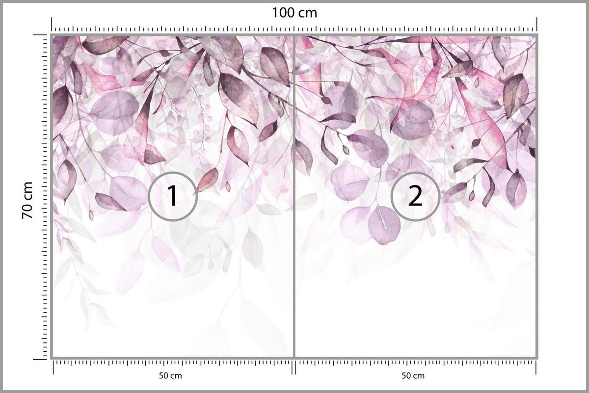 FOTOTAPETE für Schlafzimmer Aquarell Zarte Rosa Blätter Botanisch 100x70 - Violett/Weiß, Papier (100/70cm) - Muralo