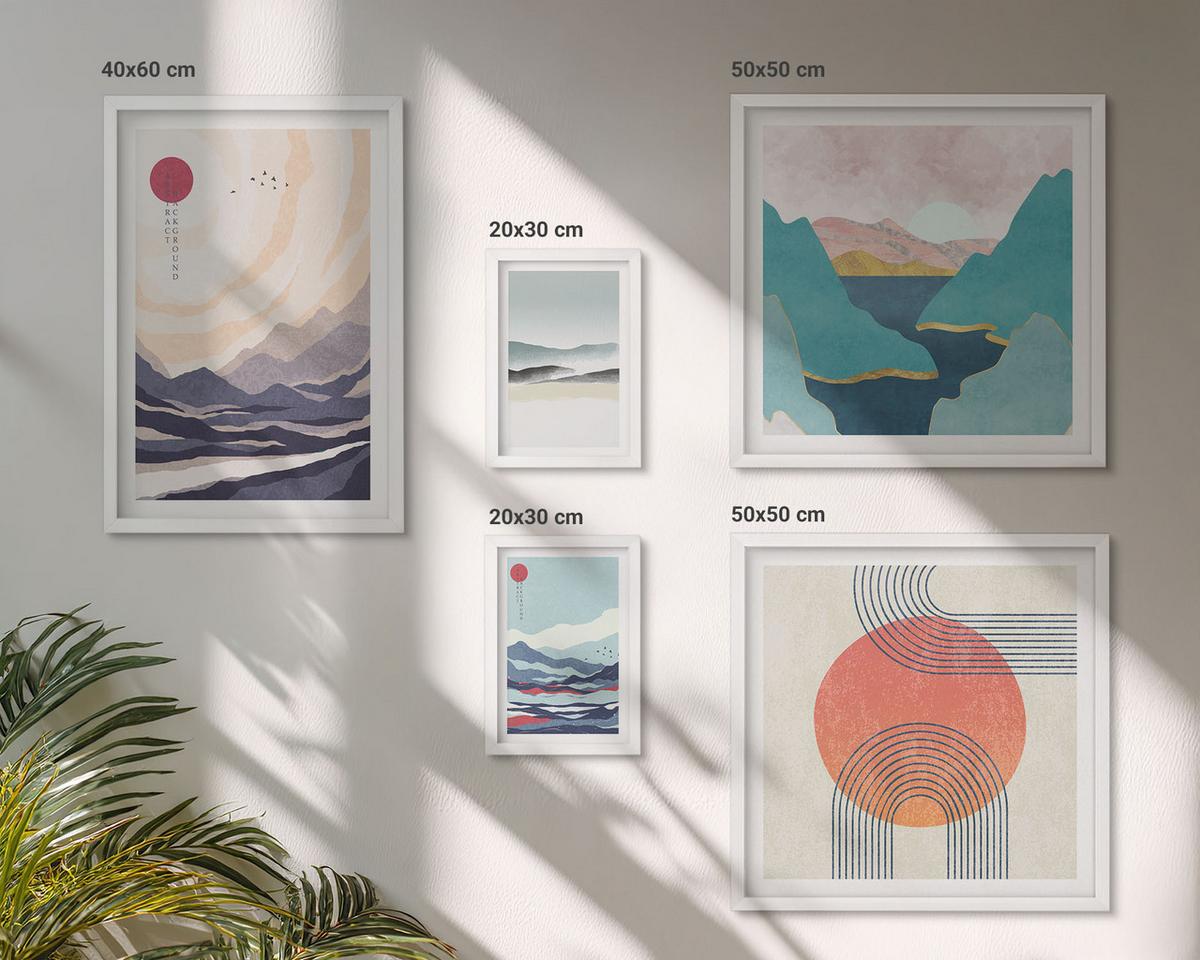 BILDER SET 5er Set - 50x50 cm & 20x30 cm & 40x60 cm Weißer Rahmen - Farbenfrohe Muster der Japandi-Flussberge - Weiß, Kunststoff (40/60cm) - TULUP