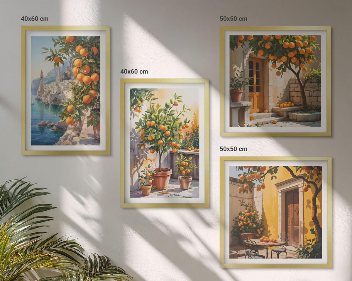BILDER SET 4er Set - 50x50 cm & 40x60 cm Goldrahmen - Gemalte Zitruslandschaften - Goldfarben, Kunststoff (50/50cm) - TULUP