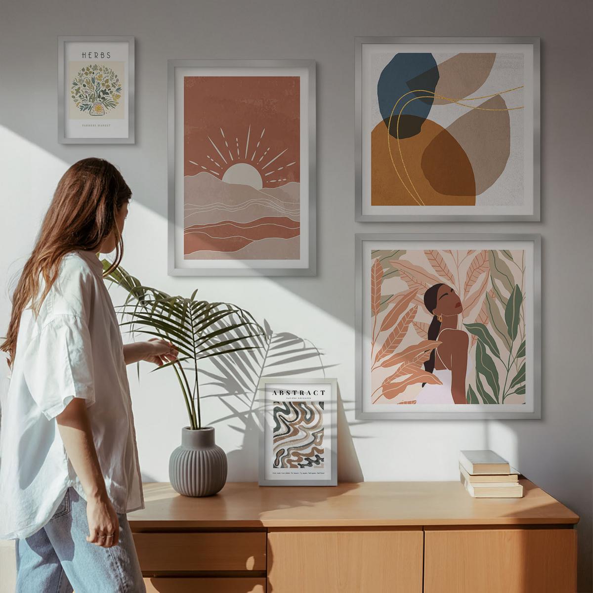 BILDER SET 5er Set - 50x50 cm & 20x30 cm & 40x60 cm Silberner Rahmen - Boho-Ästhetik, Pastellposter - Silberfarben, Kunststoff (40/60cm) - TULUP