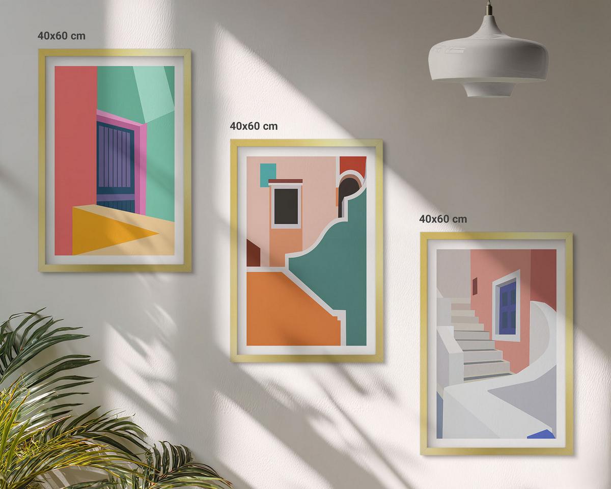BILDER SET 3er Set - 40x60 cm Goldrahmen - Farbenfrohe Illustrationen von Gebäuden - Goldfarben, Kunststoff (40/60cm) - TULUP