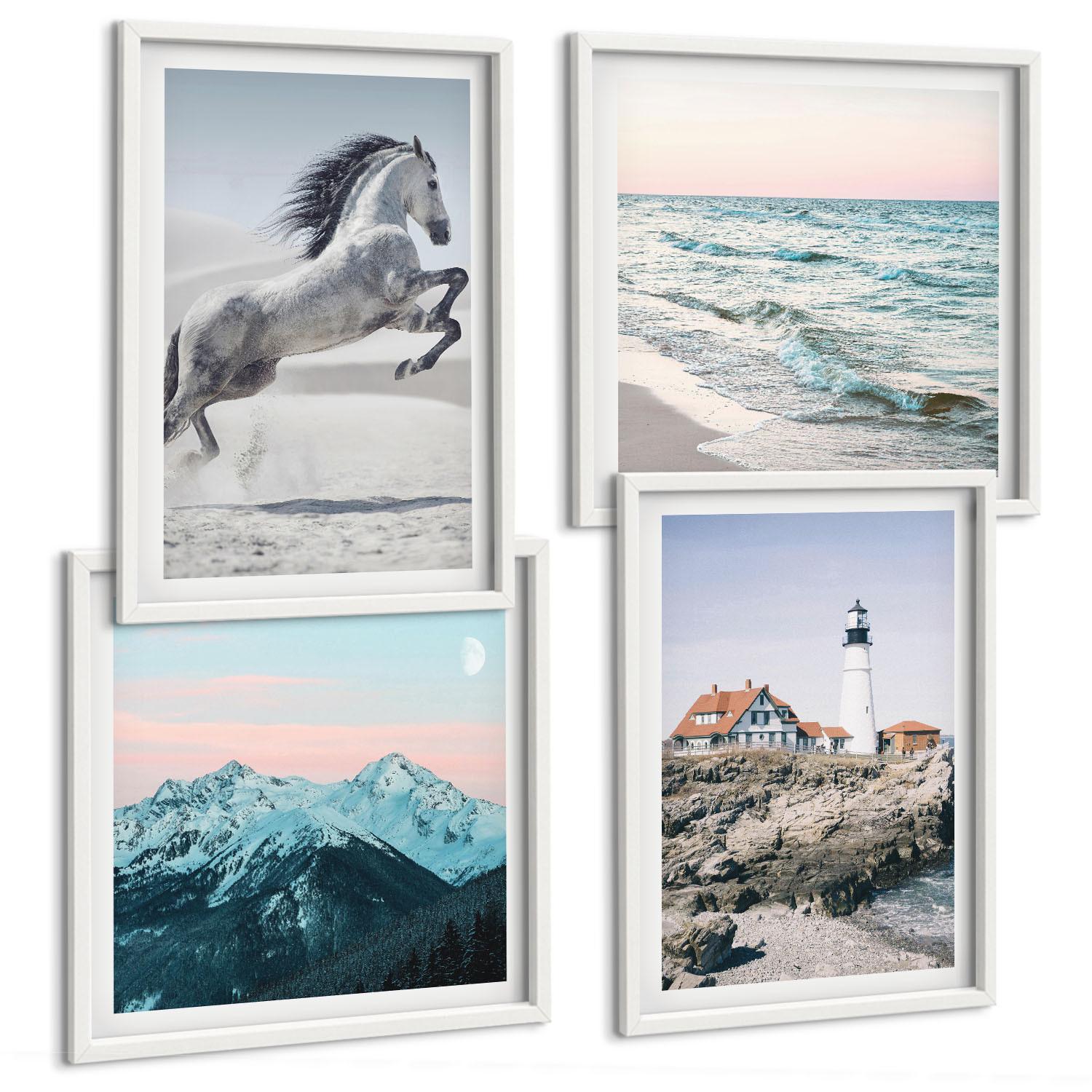 BILDER SET 4er Set - 50x50 cm & 40x60 cm Weißer Rahmen - Pferde, Bewegung, Strand, Leuchtturm, Berge - Weiß, Kunststoff (50/50cm) - TULUP