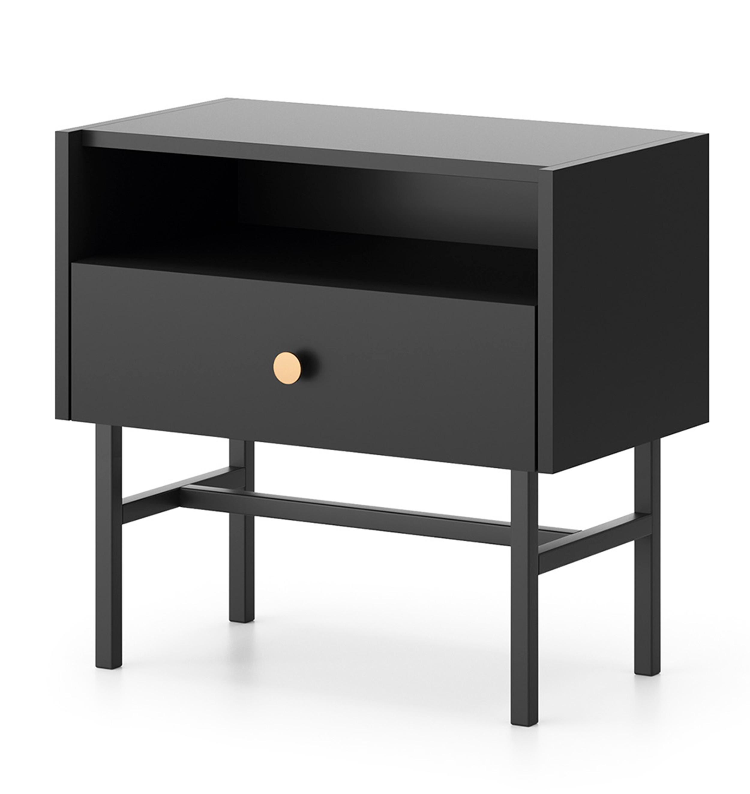 NACHTTISCH Dinley 1S Schwarz 54,8/52/39 cm – mit schwarzen Beinen im minimalistischen Design - Schwarz, Holzwerkstoff/Metall (54.8/52/39cm) - AX Living