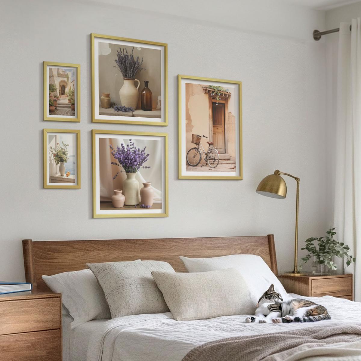 BILDER SET 5er Set - 50x50 cm & 20x30 cm & 40x60 cm Goldrahmen - Friedliche Zen-Blumen-Buddha-Komposition - Goldfarben, Kunststoff (40/60cm) - TULUP