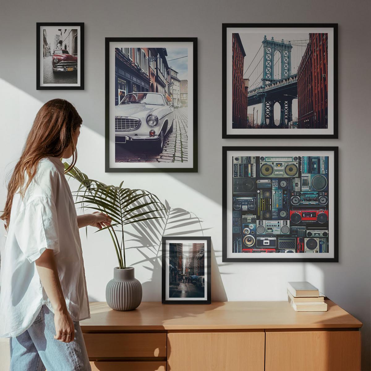 BILDER SET 5er Set - 50x50 cm & 20x30 cm & 40x60 cm Schwarzer Rahmen - Old Cars Brooklyn Retro-Audio - Schwarz, Kunststoff (40/60cm) - TULUP