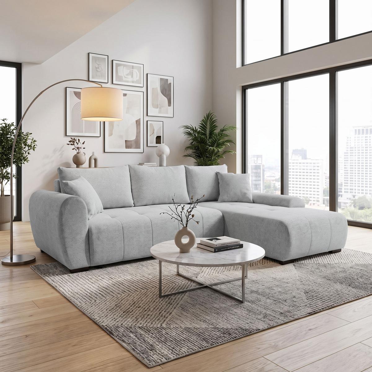 ECKSCHLAFSOFA Dallas mit Bettkasten, 255 cm, Hellgrau, rechts, Velour-Stoff - Hellgrau, Textil (255/175cm) - Beautysofa