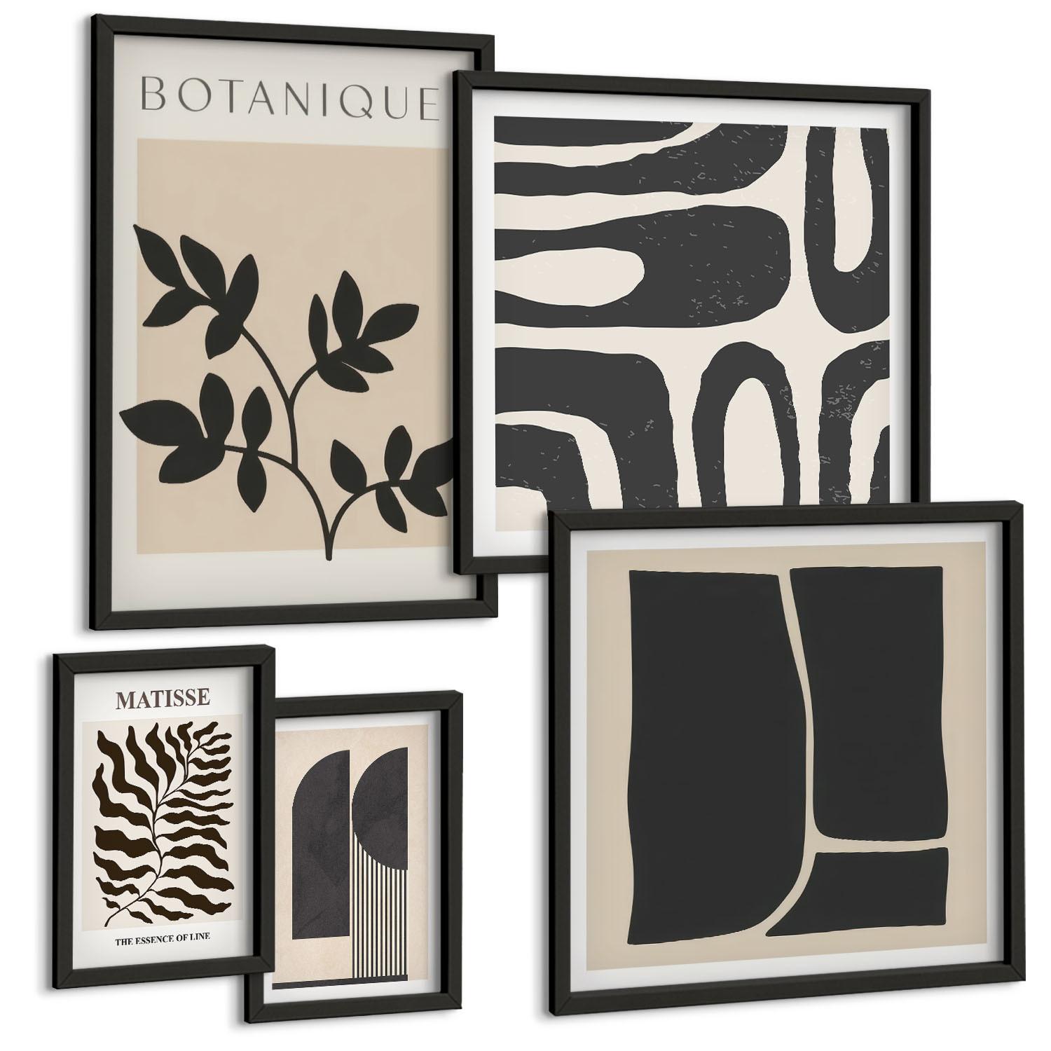 BILDER SET 5er Set - 50x50 cm & 20x30 cm & 40x60 cm Schwarzer Rahmen - Minimalistische Pflanzenposter - Schwarz, Kunststoff (40/60cm) - TULUP