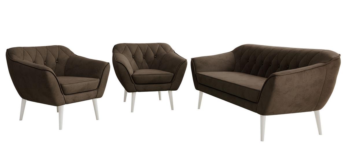 SITZGARNITUR PIRS 3+1+1 - Braun Velvet - Weiße Beine - Dunkelbraun/Braun, Holzwerkstoff/Textil (180/75/74cm) - MKS