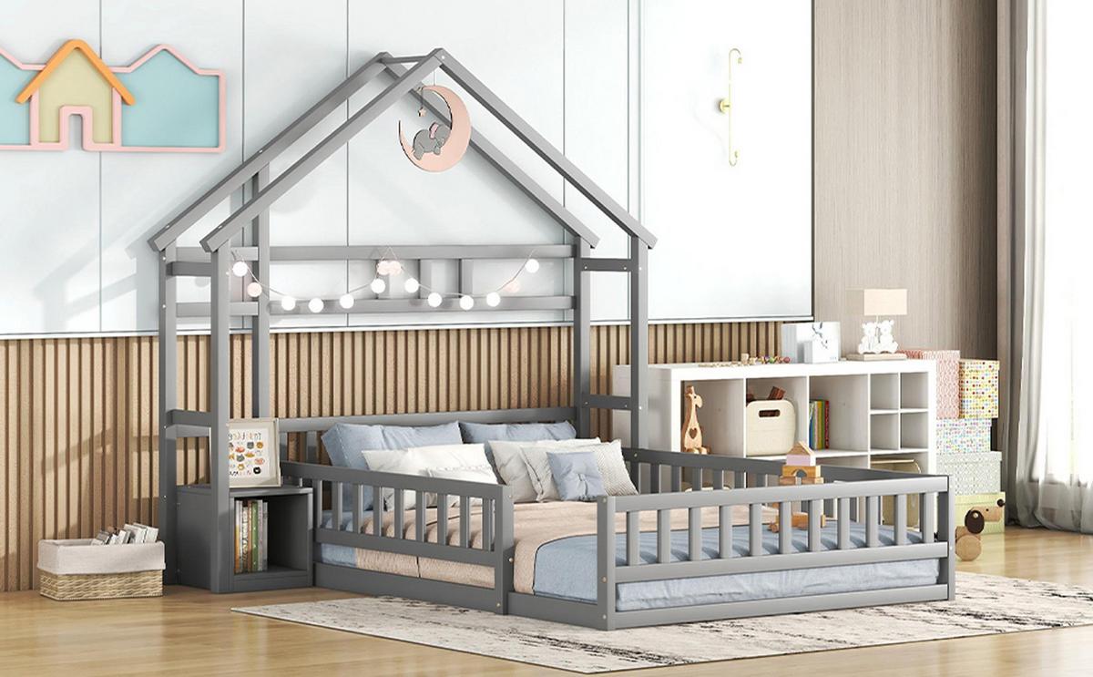 KINDERBETT 140x200 cm Hausbett Grau – Massivholz Bett mit Geländer & Nachttisch - Grau, Holz - Urban Meuble