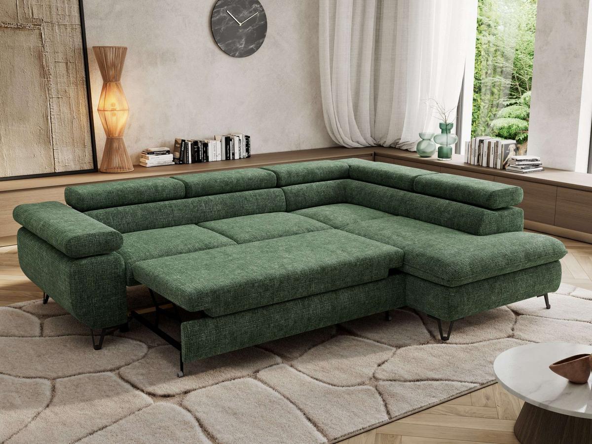 ECKSOFA PABLO L Dunkelgrün Schenille grob gewebt - Rechts Seite mit T25 Topper - Dunkelgrün/Schwarz, Textil/Metall (273/208cm) - MKS