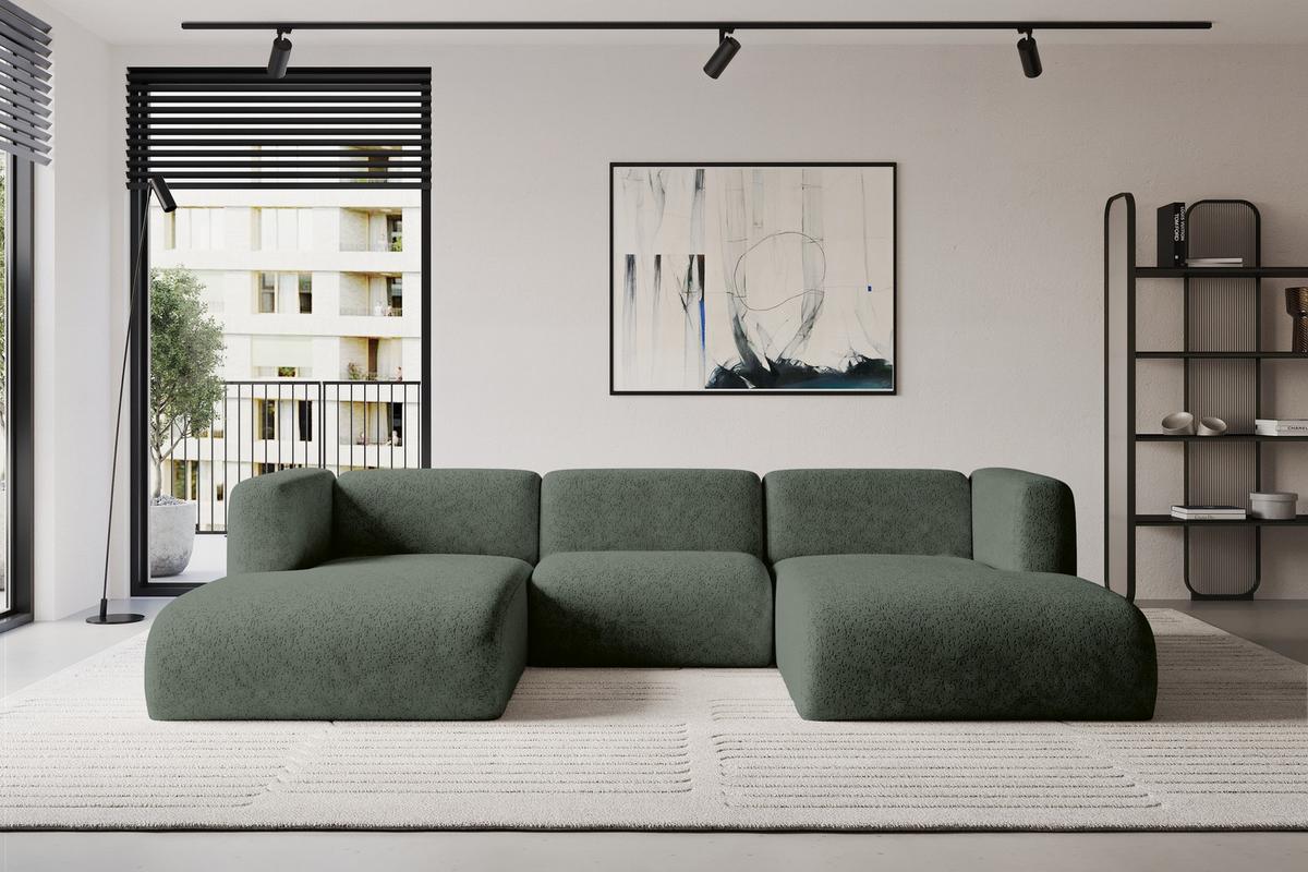 WOHNLANDSCHAFT MIRA-U1 317x179x70 Grün Velours - Schwarz/Grün, Holzwerkstoff/Kunststoff (317/70/179cm) - ALTDECOR