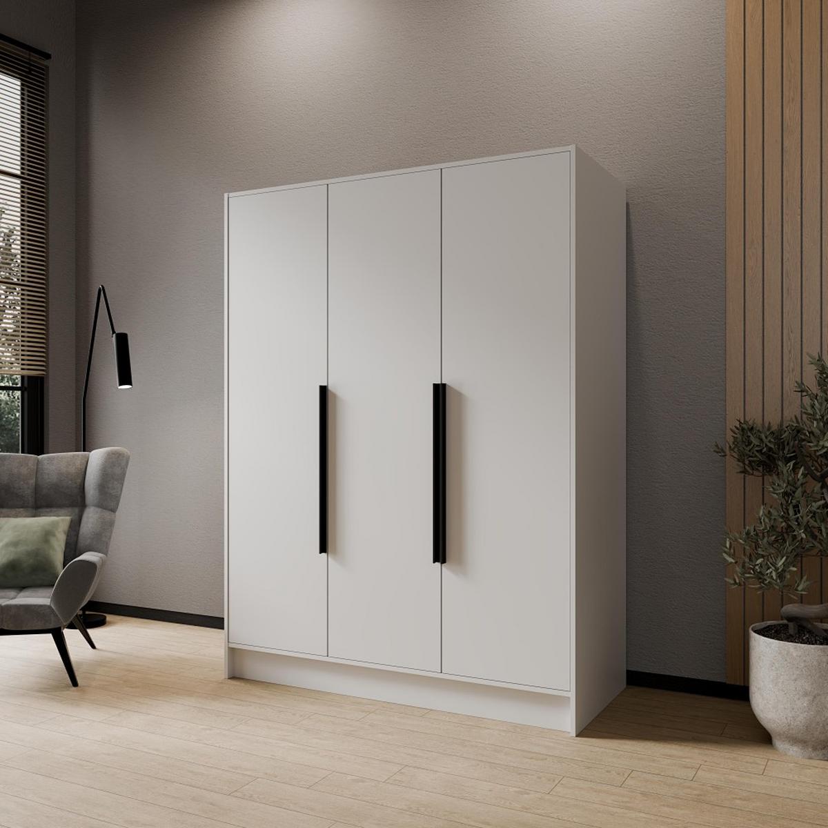 DREHTÜRENSCHRANK Pavia ohne Spiegel, Weiß mit mit schwarzen Griffen, 150 cm - Weiß, Holzwerkstoff (150/200/51cm) - Beautysofa